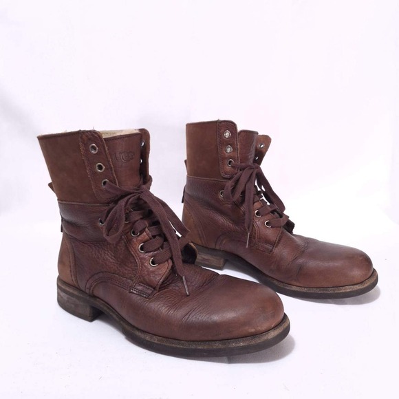 Ugg Larus Grizzly Leather Boots Shearling Lined Combat Boots Men 7.5/‎ Women 9 - Picture 2 of 12